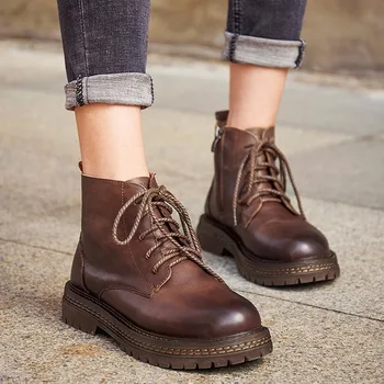 

Retro Women's Booties 2019 Autumn New Casual Wild Leather Handmade Women's Boots Leather Women Plus Velvet Cotton Shoes