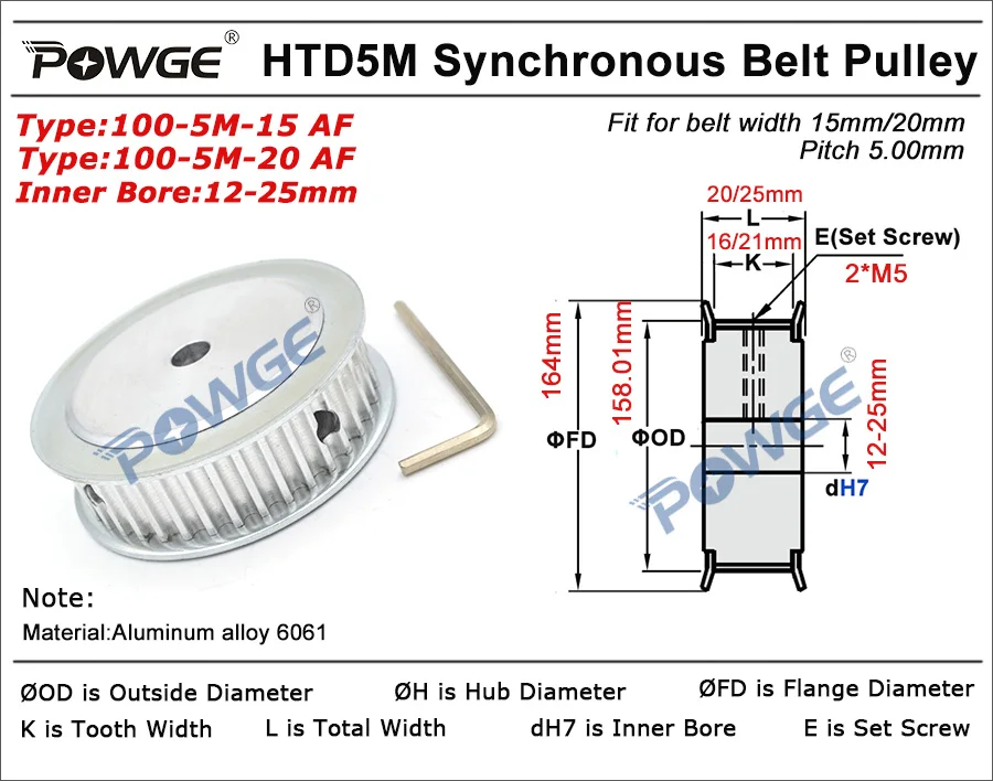 POWGE 100 зубы HTD 5 м Синхронный шкив Диаметр 10/12/15/16/17/19/20/25 мм для Ширина 15/20 мм HTD5M колеса Шестерни 100 зубов 100 T