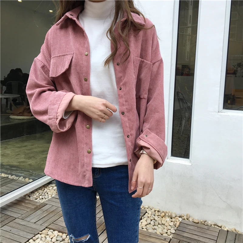 Best Corduroy Shirt Coat Women Fashion Long Sleeve Preppy Wide Waist Turn Down Collar Crop Jacket Women Harajuku Casual Pocket Jaket