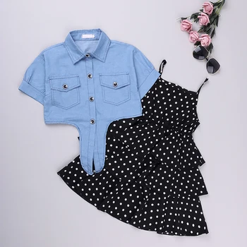 

New Spring &Summer Girls Clothing Set Sling Polka Dot Dress+Denim Short Sleeve Coat Top 2PCS Suit Girls Clothing