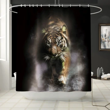 

The tiger printing curtain bath U pad ground mat anti-skid suction toilet carpet blackout curtain floor mat four-piece suit gift