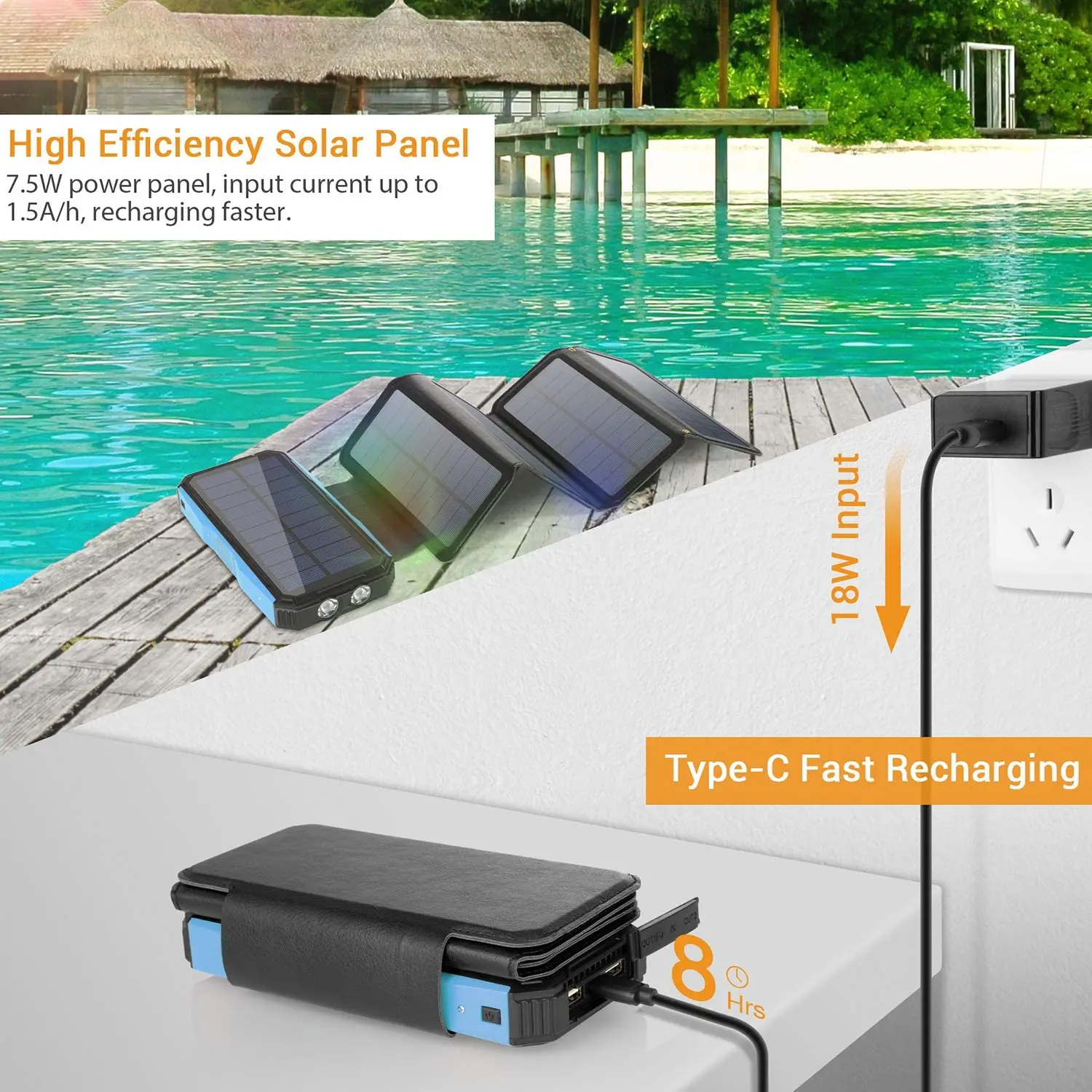 Solar Charger 26800mAh  5 Panels 7.5W High Efficiency  With Ultra Bright 60-LED Panel Light and Flashlight PD Portable Power Ban powerbank for phone