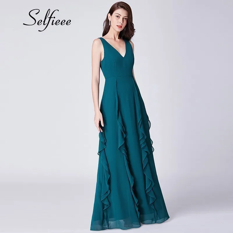 

Ruffles Dresses A-Line Sleeveless V-Neck Solid Color Women Dresses Vintage Summer Party Formal Party Dresses Sommerkleid 2019