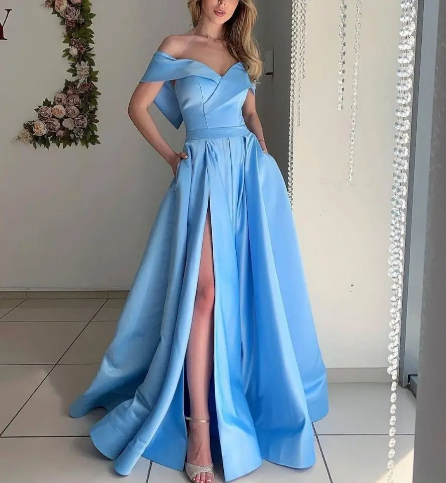 Sexy Long Off Shoulder V-Neck Satin Evening Dresses with Pockets Floor Length Zipper Back Slit Formal Party Gowns for Women long gown