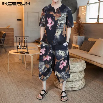 

INCERUN Chinese Style Printed Men Sets Short Sleeve V Neck Ethnic Shirt Elastic Waist Casual Pants Streetwear Men Sets 2 Pieces