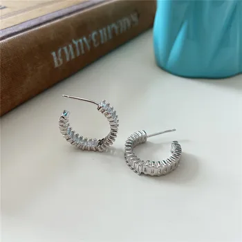 

RUIYI Real 925 Sterling Silver Women C Shape Square AAA Zircon Stud Earrings Women Original Simple Design Luxury Chic Ear Studs