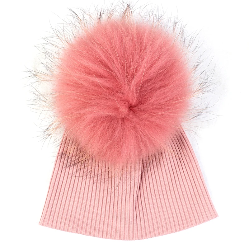 pink B Geebro/Детская однотонная мягкая хлопковая детская шапка, милая шапка для малышей, шапка с черепом на осень-зиму с помпоном из натурального меха 15 см - Цвет: pink B