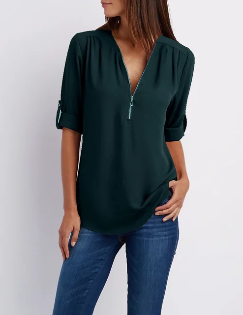 Women Shirts Summer Autumn Casual V-neck Chiffon Blouse Women Top Camisa Feminina Long Sleeve Black White Ladies Blouses Shirt Blackish green