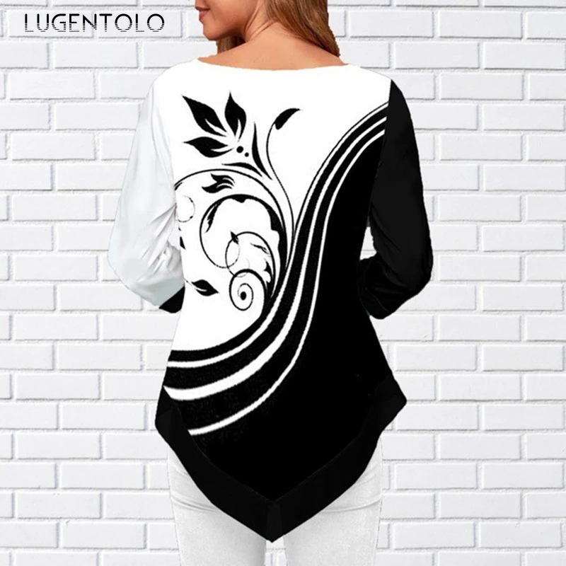 Lugentolo, женские блузки, модная, цифровая печать, черный, белый цвет, контрастный цвет, круглый вырез, семь точек, рукав, нестандартная женская рубашка