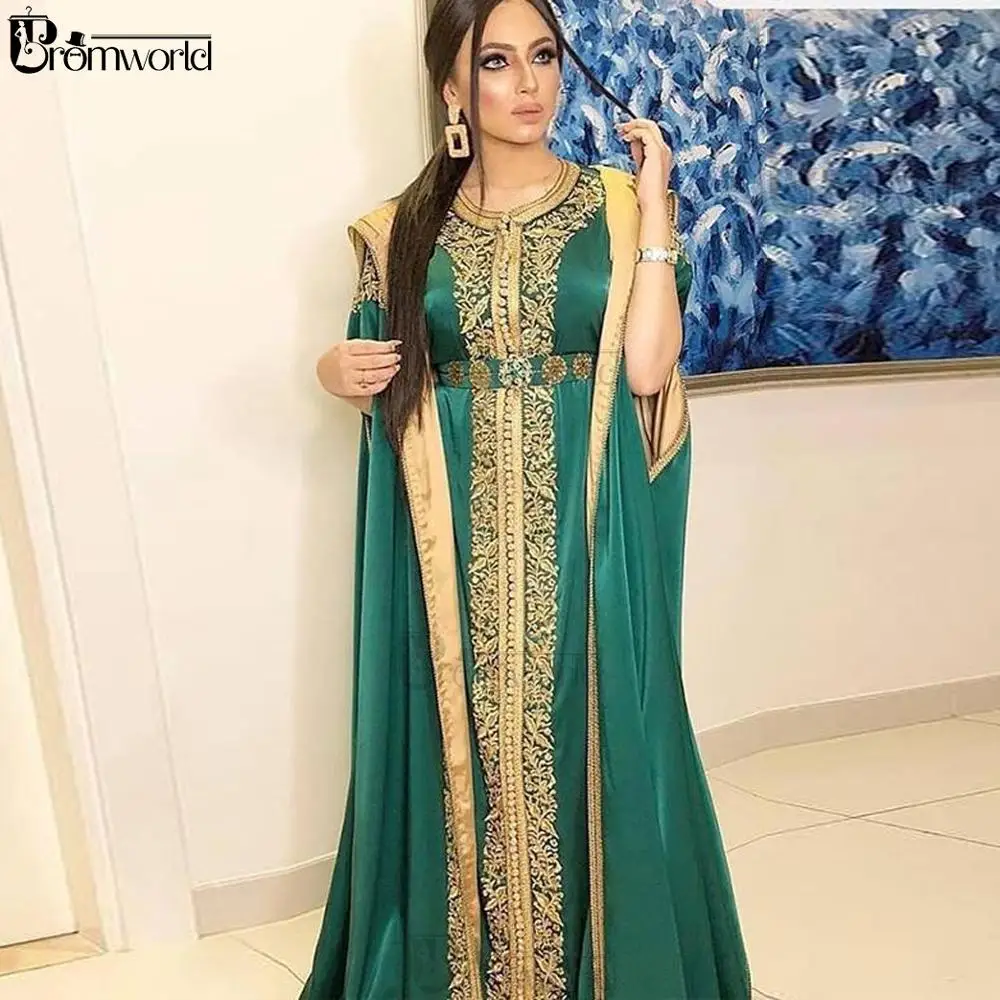 Зеленые хиджаб с вышивкой вечерние платья Caftan Robe De Soiree ТРАПЕЦИЕВИДНОЕ атласное