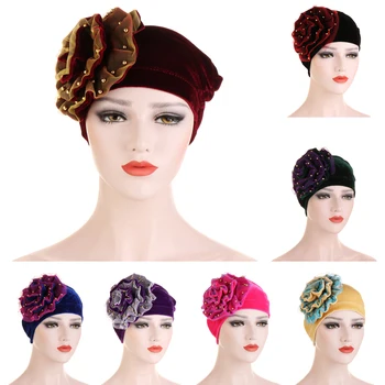

Velvet Women Turban Hat Muslim Flower Beads Hijab Head Wrap Cover Cancer Chemo Cap Beanies Bandana Bonnet Islamic Arab Headwear