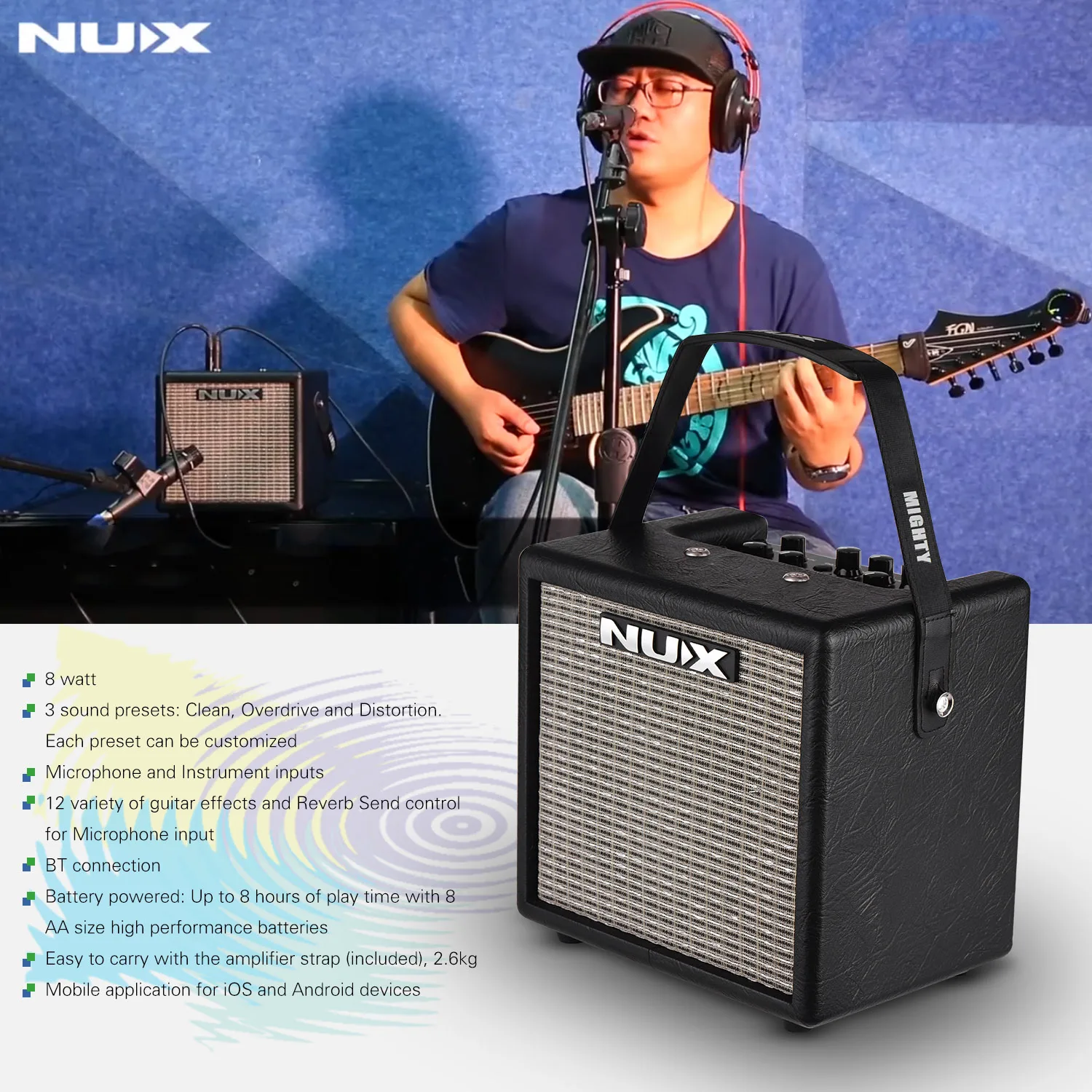 NUX Mighty 8 BT Портативный 8 Вт Электрический гитарный усилитель в форме Куба встроенный 6,5 дюймовый динамик с гитарой