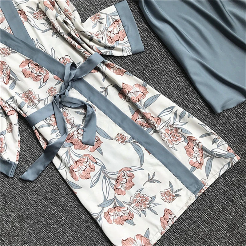 Платье с принтом и длинными рукавами; Двухсекционный халат; женская ночная рубашка с подтяжками на груди; Очаровательная одежда для сна; тонкая Пижама; пеньюар