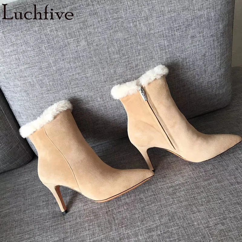 Wool High Heels Ankle Boots Pointy Toe Party Shoes Woman Sexy Zipper Suede Winter Boots Apricot Short Boots Women