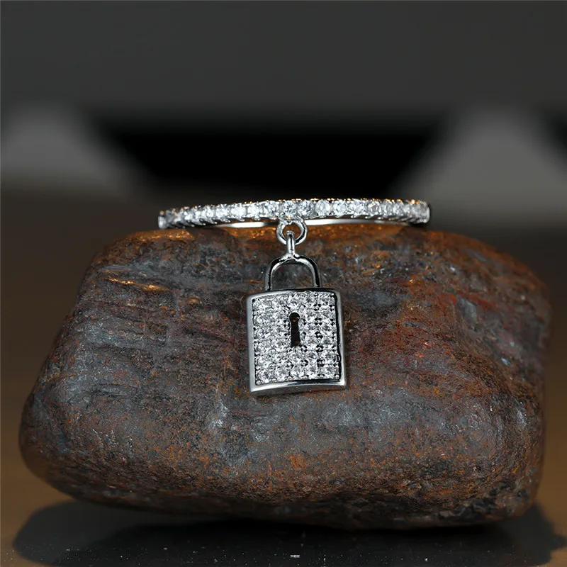 Luxury female crystal lock pendant ring trendy gold silver color engagement jewelry charm white zircon wedding rings for women crystal rings engagement rings zircon rings stone rings fashion rings gold rings wedding rings fashion ring finger rings metal rings