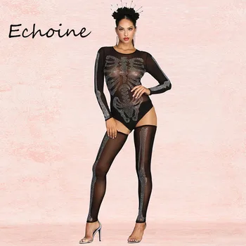 

Sexy Two Pieces Set Sheer Mesh See Through Long Sleeve Bodaysuits + Stock Party Night Clubwear Outfits Overalls