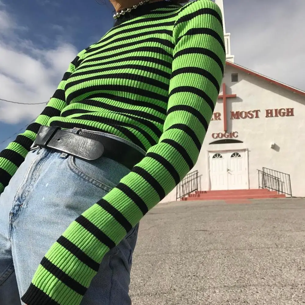

Harajuku Contrast Greenery Striped Ribbed Crop Sweater Top Fitted Long Sleeve Pullover Knit Women Jumper /