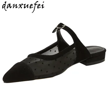 

Women's natural suede leather Polka Dot mesh patchwork slip-on high heel mules pointed toe metal buckle summer sandals shoes hot