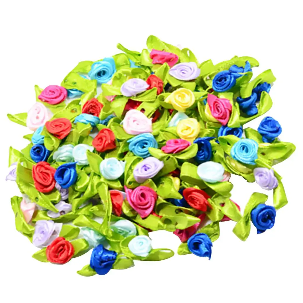 100 Pieces 15mm/0.59'' Flower Satin Ribbon Rose Buds Leaf Wedding Home Decor DIY Hairband Bow Sewing Crafts