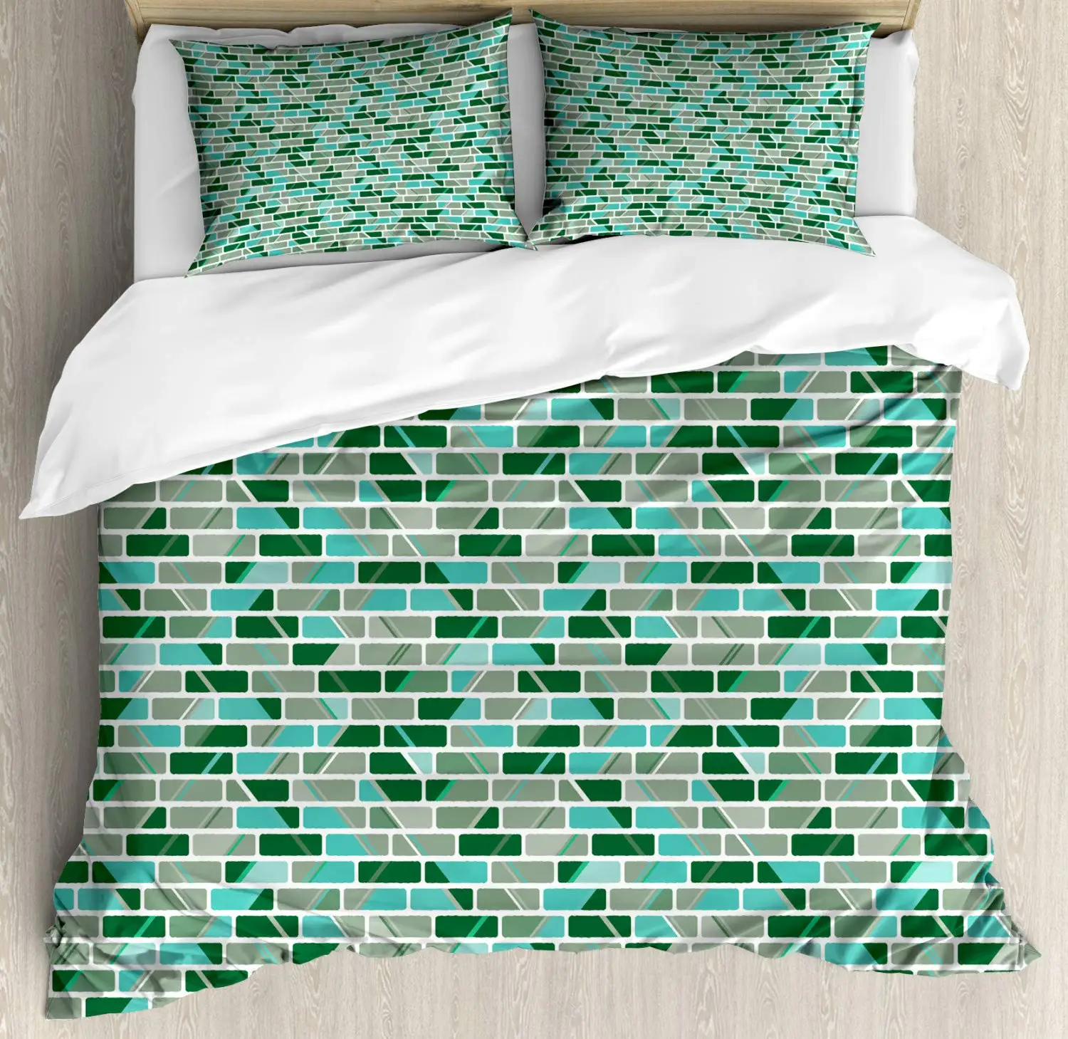 Brick Duvet Cover Set Creative Image Pieces With Blocks 3 Piece Bedding Set Forest Green Dark Seafoam Pale Reseda Green And Rese