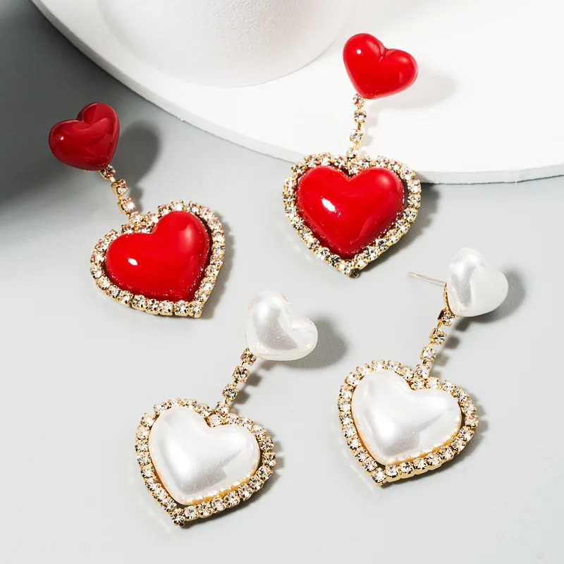 

Fashion Statement Heart Shape Pearls Drop Earrings for Women Female Crystals CZ Korean Dangle Hanging Earrings Jewelry for Party