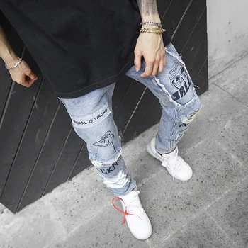 

T-bird Jeans Men 2019 New Fashion Retro Hole Skinny Jeans Men Hip Hop Streetwear Autumn Winter Punk Letter Printed Men Jeans ALQ
