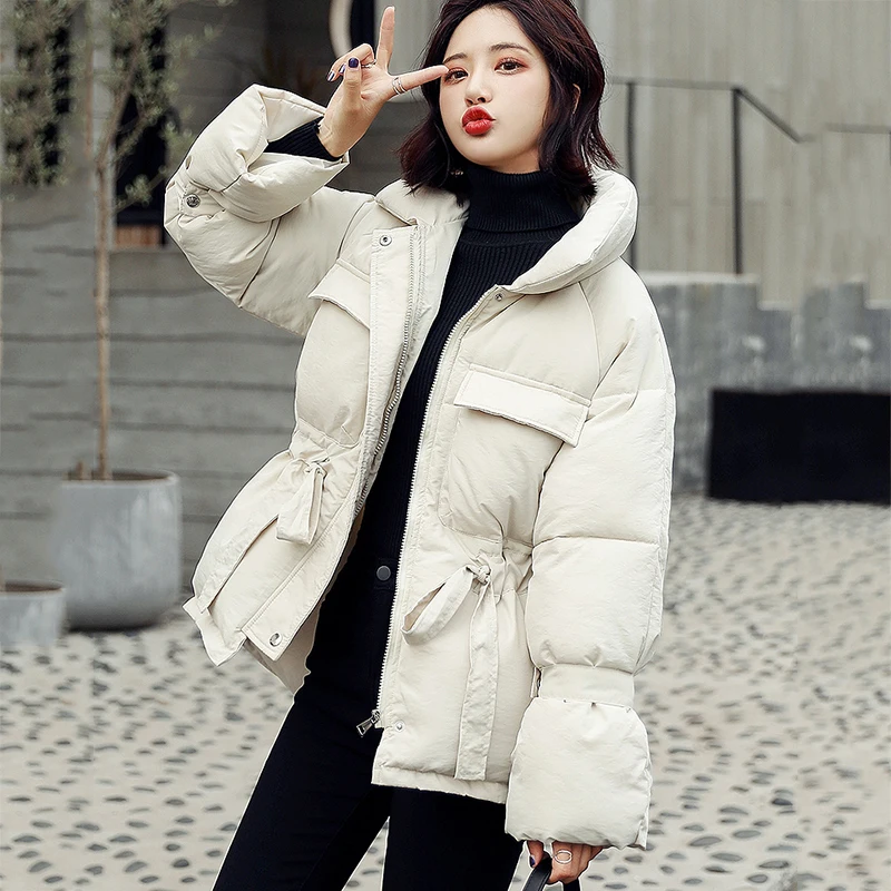 

Winter Women's Down Cotton Padded Jacket Women Wadded Jackets Warm bandage white Coat Parka Bread Style Loose Outwear Coats