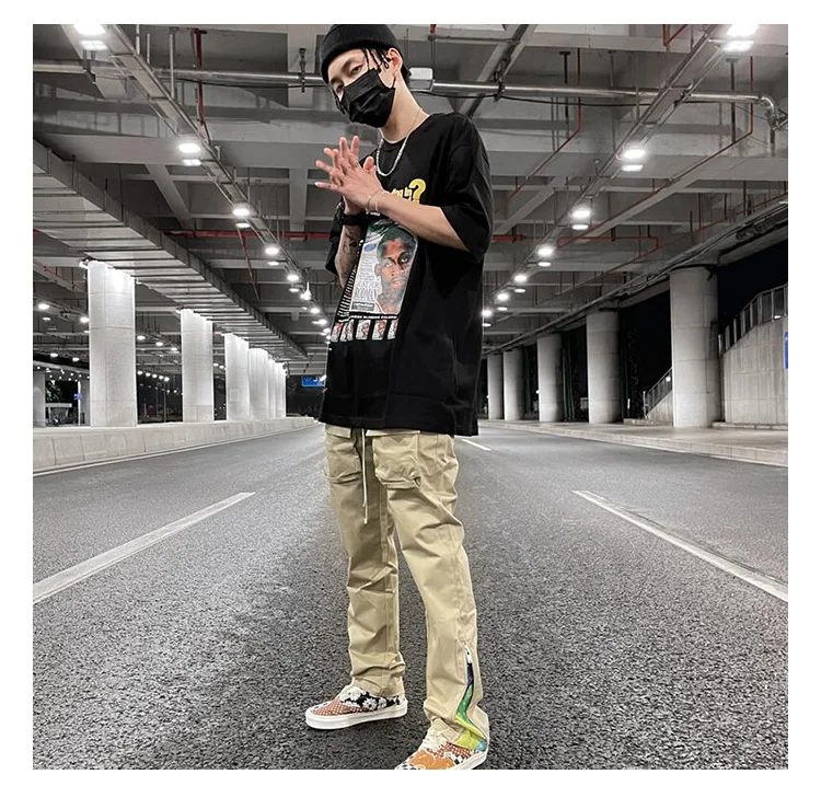 Hip-hop Functional Cargo Pants Men's Multi-pocket Small Feet Side Zipper Cashew Flower Casual Trousers Street Wear Pants grey cargo pants