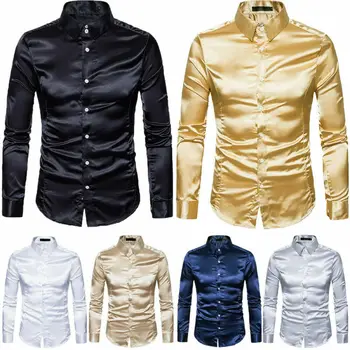 

Goocheer Mens Silk Satin Long Sleeve Casual Shirt Male Ruffle Vintage Turndown Collar Shirt Wedding Tuxedo Dress Shirts S-2XL