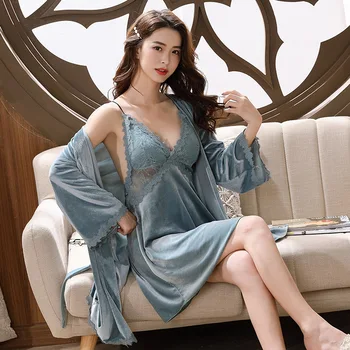 

2PCS Sleep Set Women Sexy Nighty&Robe Suit Velvet Kimono Gown 2020 New Lace Patchwork Nightdress Home Clothes Sleepwear Bathrobe