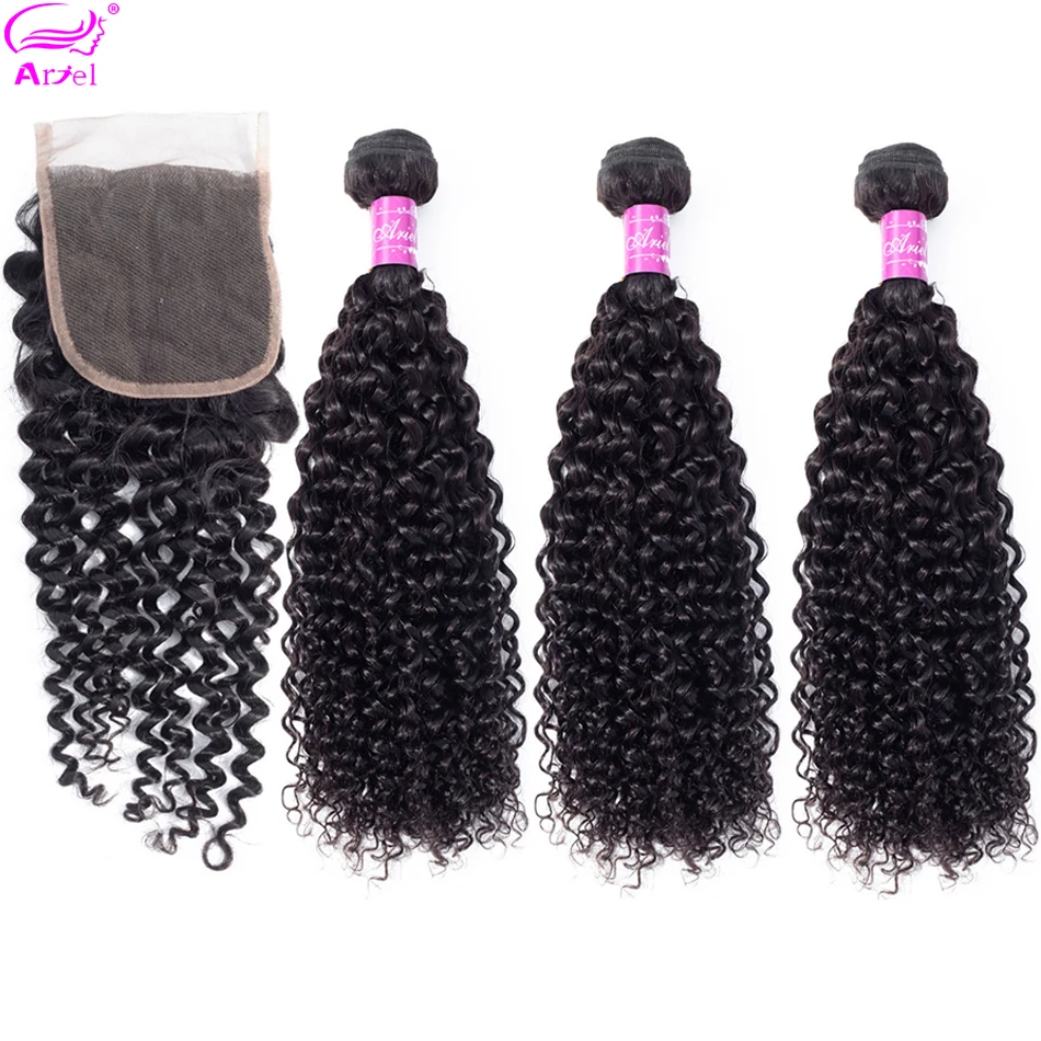 

Kinky Curly Bundles With Closure Indian Hair Weave Bundles Human Hair 3 Bundles With Closure 4*4 Non Remy Hair Extension ARIEL