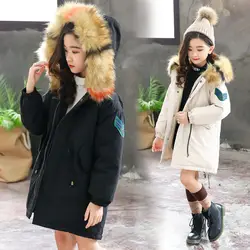 Коллекция 2018 года, зимняя детская одежда для девочек в Корейском стиле с большим меховым воротником, вышитым сзади, с хлопковой подкладкой
