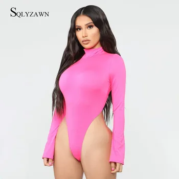 

Fluorescent Turtleneck Romper Leotard Blouse Long Sleeve Stretch Jumpsuit Skinny Tops Hot Selling Sexy High Cut Women Bodysuit