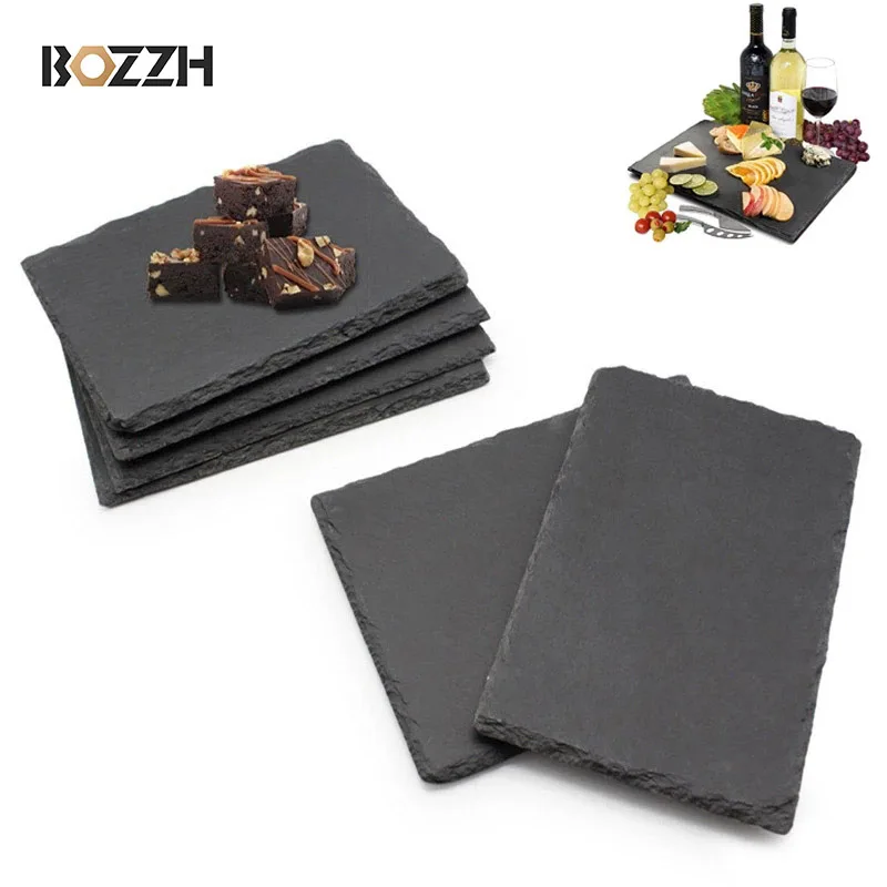 BOZZH-Western Square Steak Plates, Natural Slate, Pizza, Pastry, Fruit Tray, Kitchen, BBQ, Dessert, Cake Dishes