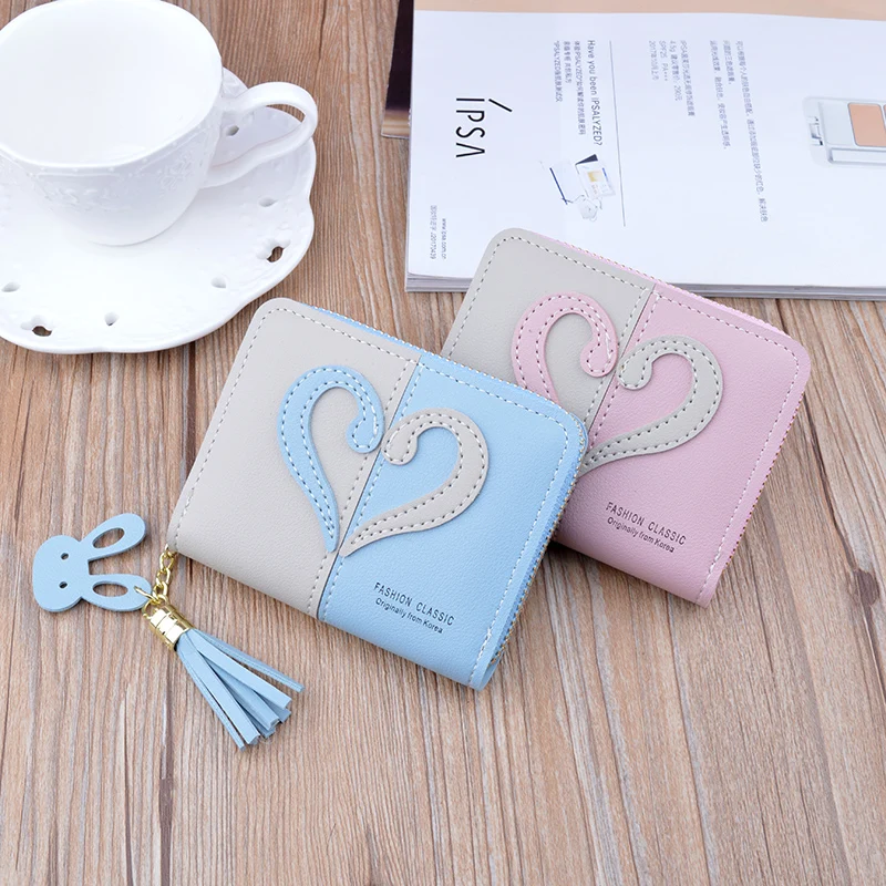 New women's wallet zipper leather small wallet short student Korean fashion mini hit color tassel wallet