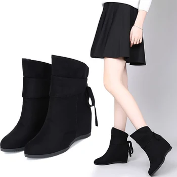 

2019 newest retro round head solid color non-slip height increase height with comfortable fashion trend casual women's boots