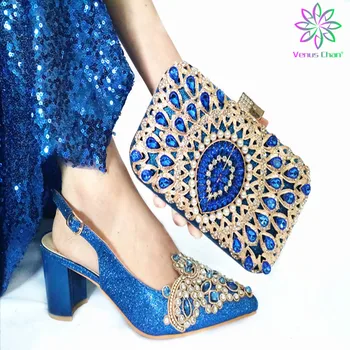 

2020 Summer Newest African Design Italian Women Shoes Matching Bag Decorate with Rhinestone Nigerian Lady Shoes in Blue Color