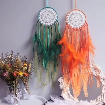 

Bedroom Wall Decor Orange Green Lace Feather Dreamcatcher Wind Chimes Wall Hanging Handmade Dream Catchers For Home Kids Room