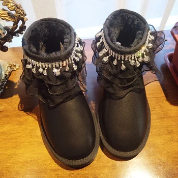 

Autumn and winter hand-made diamond-studded lace tassels low-tube thick-soled flat-bottomed women's cotton shoes snow boots