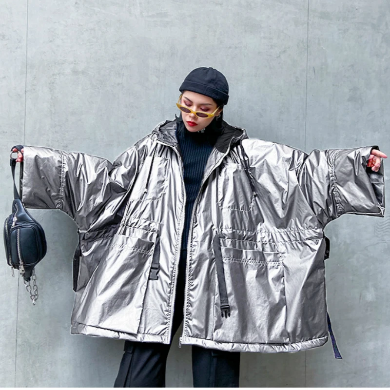 

Loose Fit Silver Grey Drawstring Plus Size Winter Jacket Pleated Hooded Ribbons Batwing Women Cotton Padded Coat Autumn Spring