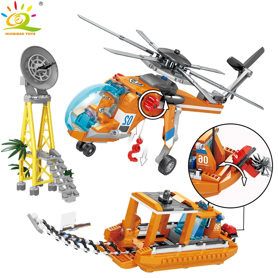 

HUIQIBAO Toys 432pcs City Rescue Helicopter boat Building Blocks For Children Compatible Legoingly Coast Guard Ship figure Brick