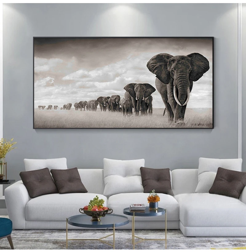 Cuadros Wall Art Pictures For Living Room Black Africa Elephants Wild Animals Canvas Painting Scandinavia poster and Prints
