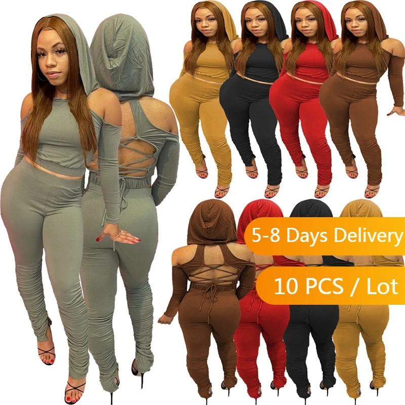 

Bulk Items Wholesale Lots Sexy Two Piece Set Women Fall Cut Out Hooded Crop Top and Slit Stacked Pants Set Club Matching Sets