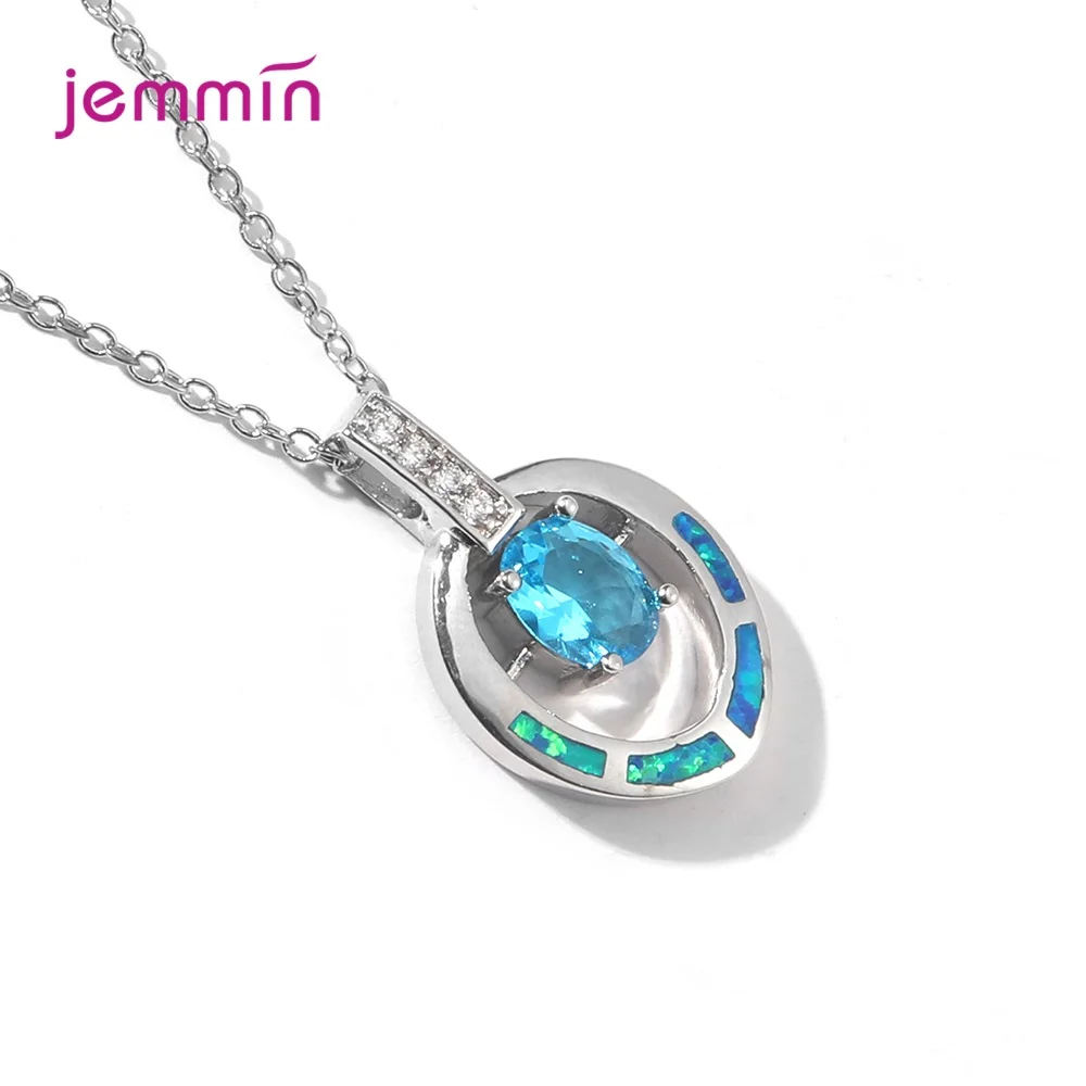 

925 Sterling Silver Blue Opal Pendant Necklaces For Women Geometric Oval Design Wedding Necklace Jewelry Gift