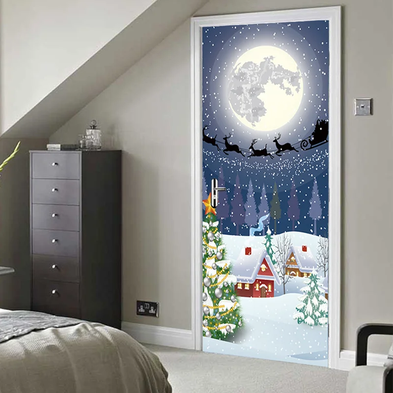 

Cartoon Chirstmas Door Sticker Christmas Wallpaper Christmas Wall Sticker 200*77CM PVC Background Gift Santa Claus
