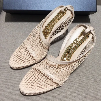 

High Quality Sexy Mesh Women Sandals Circle Toe high heel Women Pumps Chain Stiletto hollow Party Dress Pumps shoes Spring