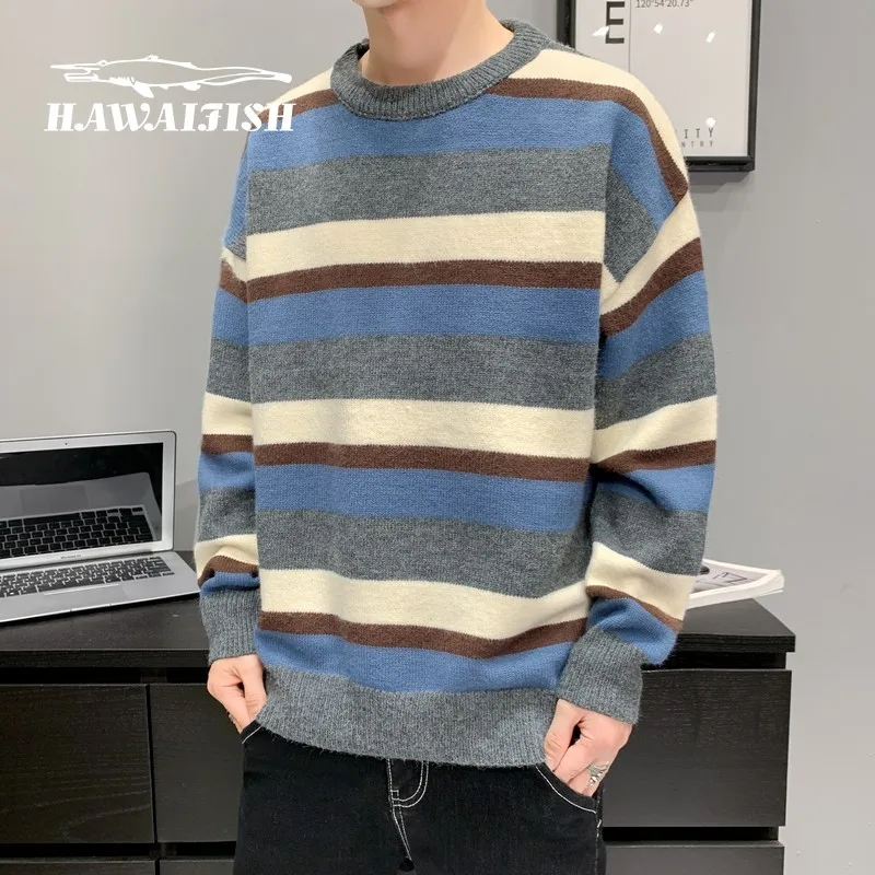 

Pullover male 2021 men's sweater men's spring and autumn new casual round neck sweater Korean fashion color matching sweater