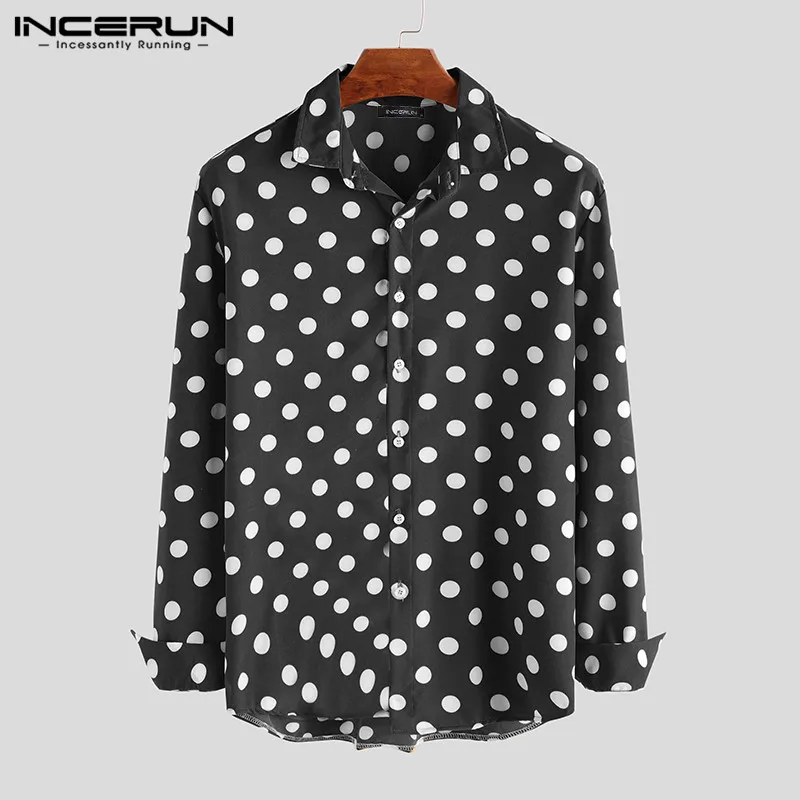 INCERUN/Осенняя рубашка в горошек для мужчин с длинным рукавом, шикарная модная рубашка с отворотом на пуговицах Camisa, Брендовые повседневные деловые мужские рубашки - Цвет: Black Shirt