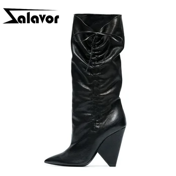 

ZALAVOR Knee High Spike High Heel Boots For Women Pointed Toe Bowtie Footwear Winter Slip On Knight Boots Size 33-43
