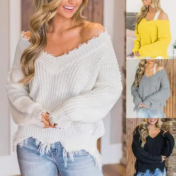 

Women Autumn Solid Color V Neck Off Shoulder Irregular Tassels Hem Loose Sweater clothing